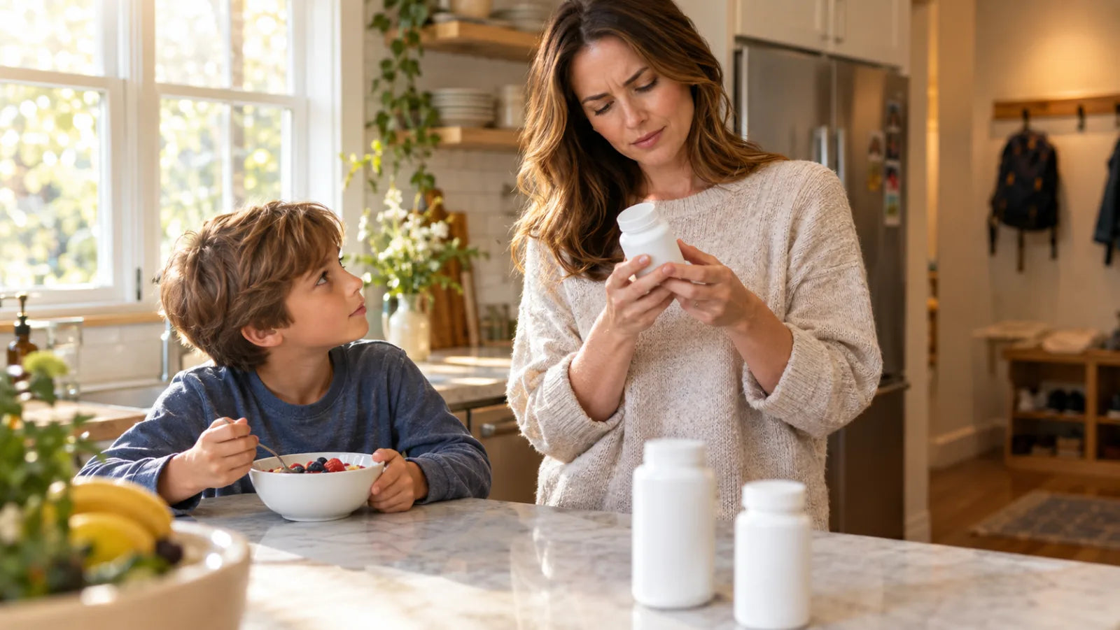 A mother reading the back of a vitamin bottle at the kitchen counter while her son eats breakfast