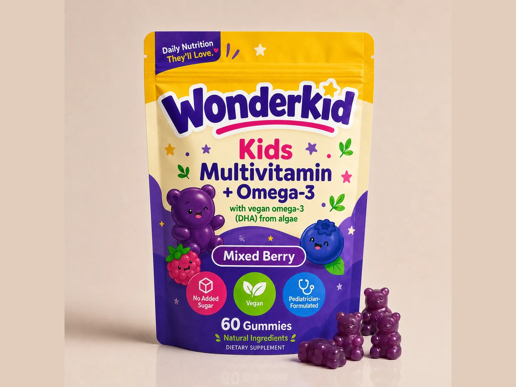 The Wonderkid Kids Multivitamin + Omega-3 pouch with purple gummy bears
