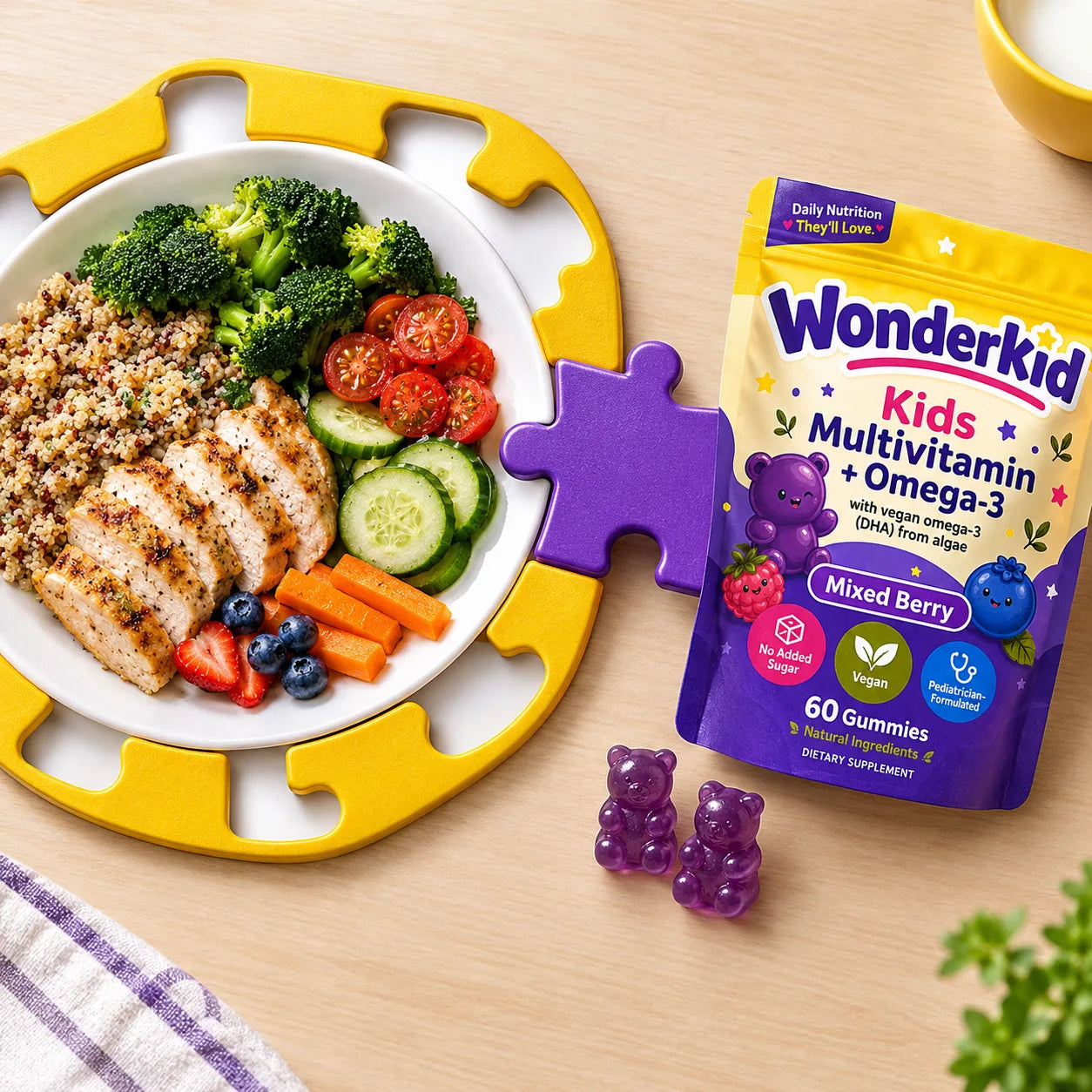 A complete meal plate with a missing puzzle edge beside the Wonderkid pouch and two purple gummy bears