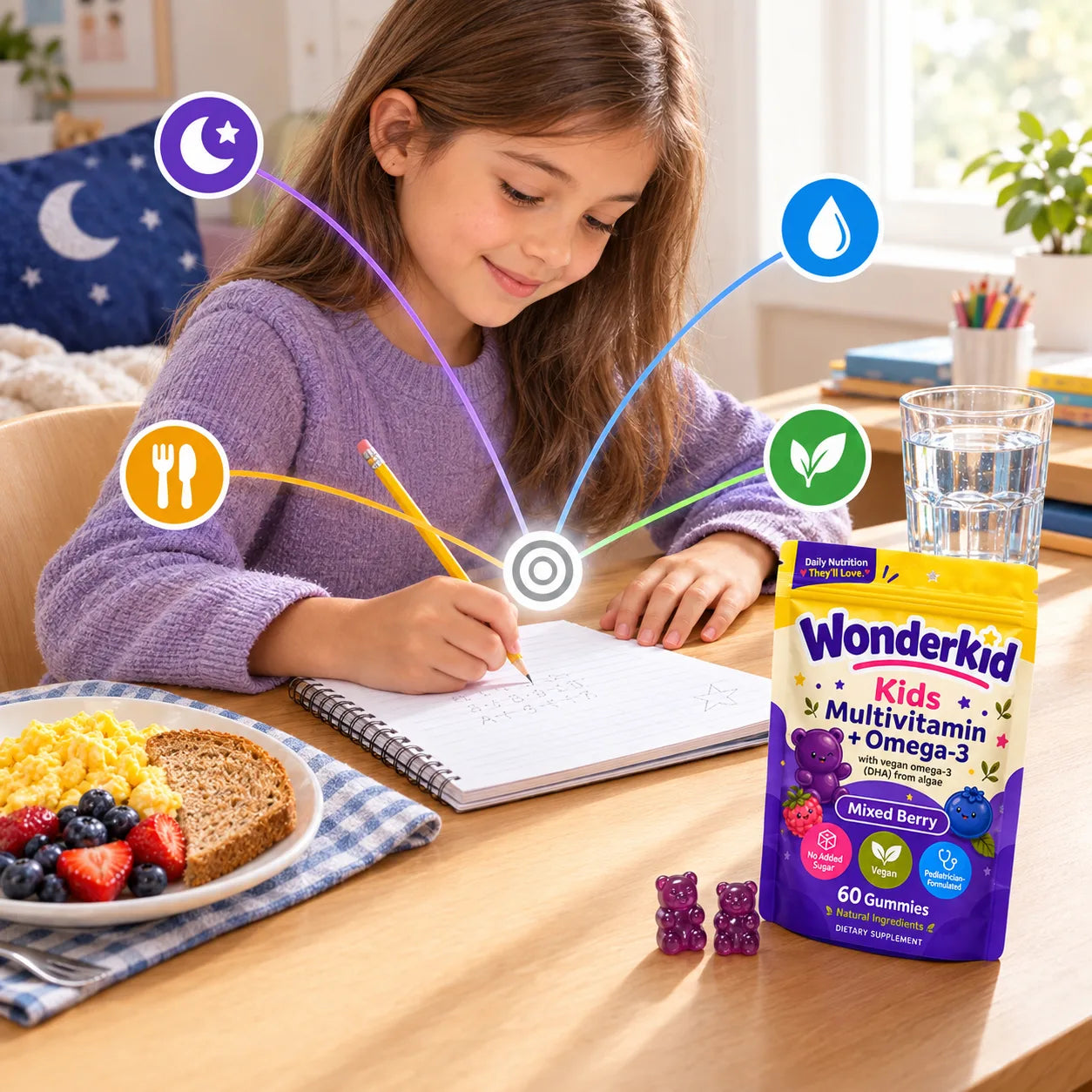 A child doing homework with sleep, hydration, breakfast and Wonderkid shown as four supporting inputs