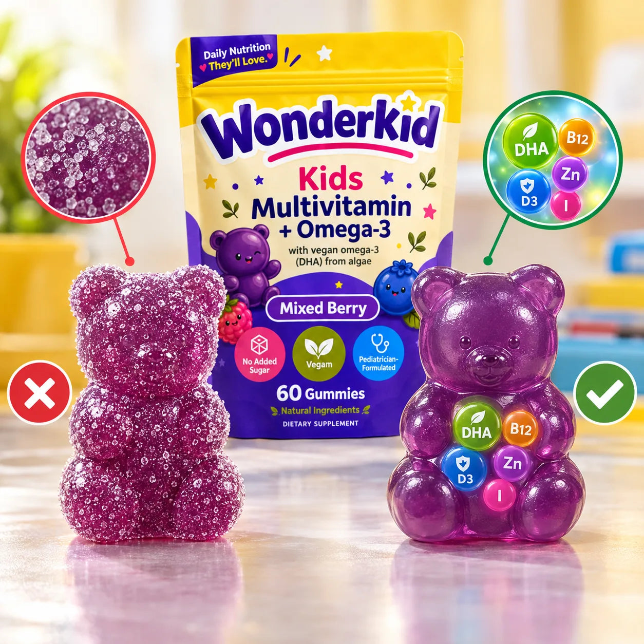 A sugar-coated gummy contrasted with a Wonderkid gummy showing nutrients and zero added sugar