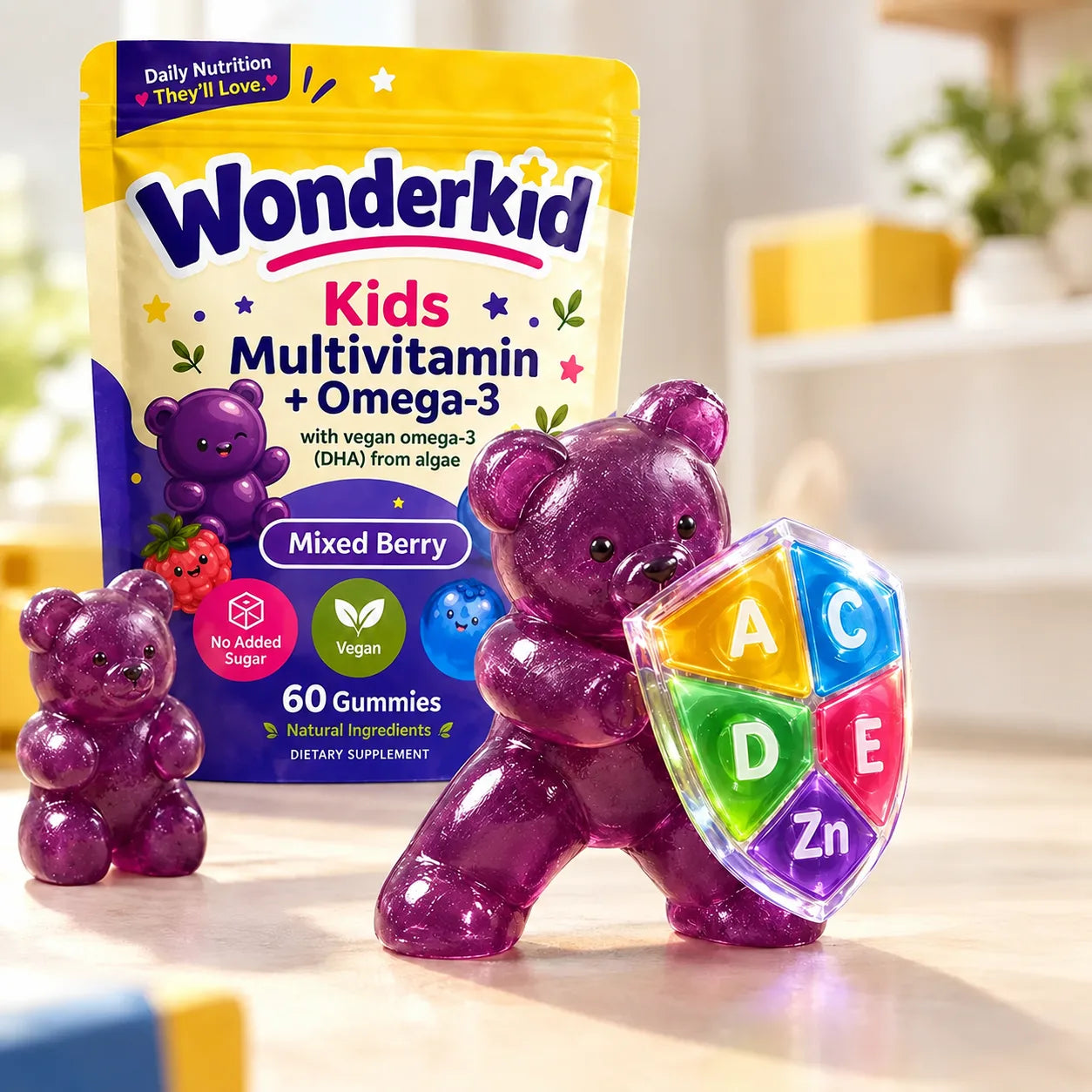 A purple Wonderkid gummy holding a segmented nutrient shield beside the Wonderkid pouch