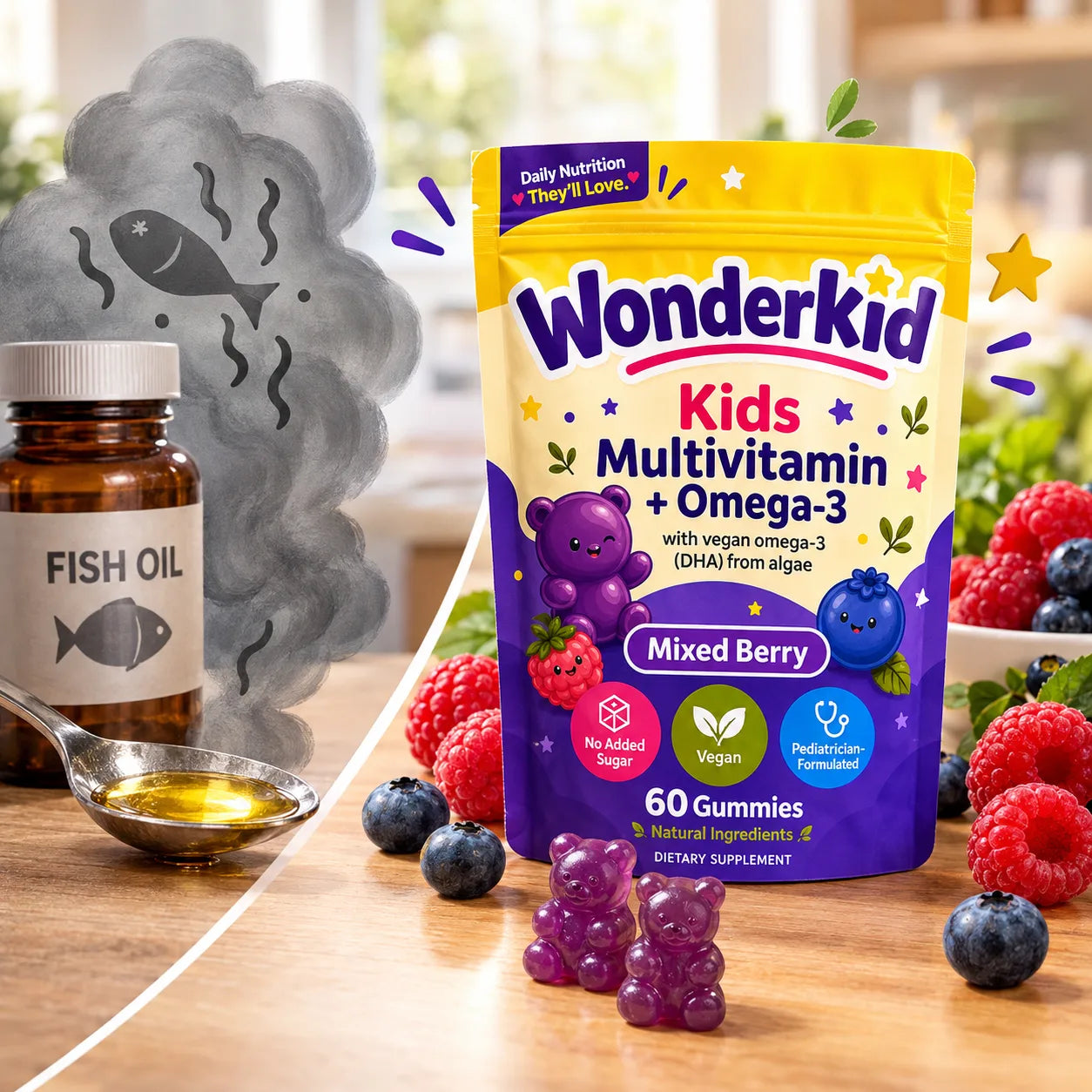 Fish oil and an unpleasant fishy cloud contrasted with berry-flavored Wonderkid gummies