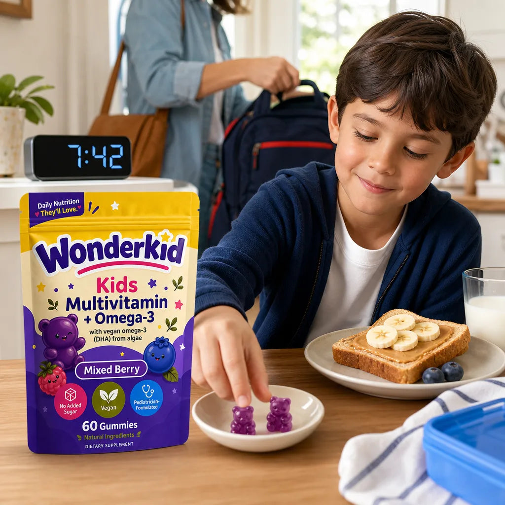 A child reaching for two Wonderkid gummies during an easy morning routine