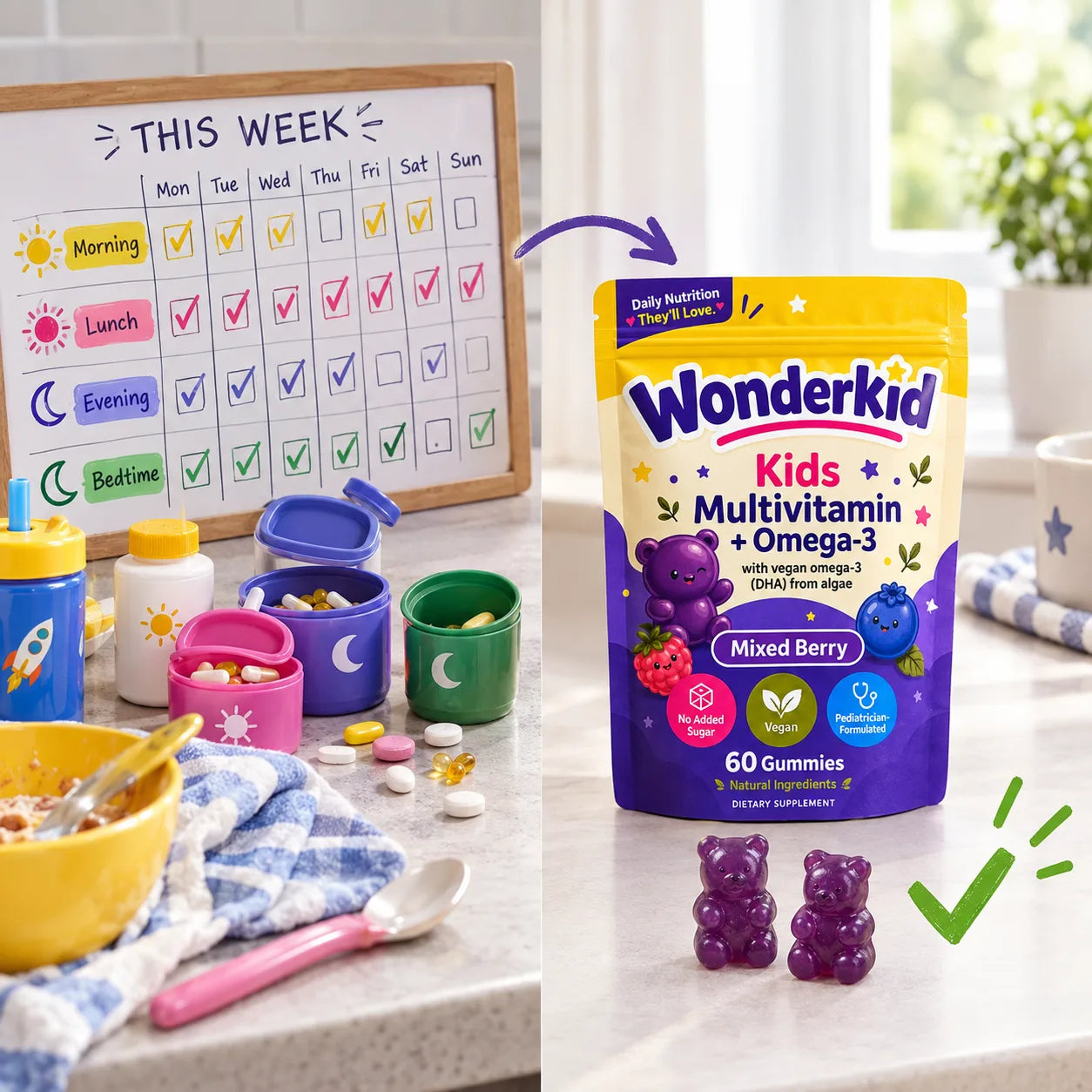 A weekly supplement schedule simplified to one Wonderkid pouch and two daily gummies
